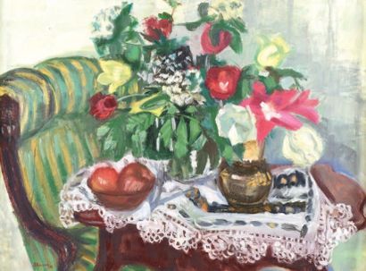 Silvia KOLLER (1898-1963) Nature morte au canapé et à la table basse
Huile sur isorel,...