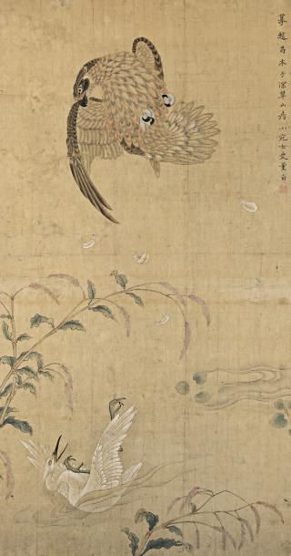 CHINE - XIXe siècle Encre sur papier, rapace attaquant une aigrette.
Signature apocryphe...
