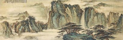 Wu WENZHI (1908-1993) Encre et couleurs sur soie, paysage montagneux.
Signée et daté...