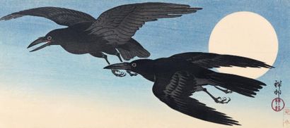 OHARA KÔSON (1877-1945) Tanzaku yoko-e, deux corbeaux en vol par nuit de pleine lune....