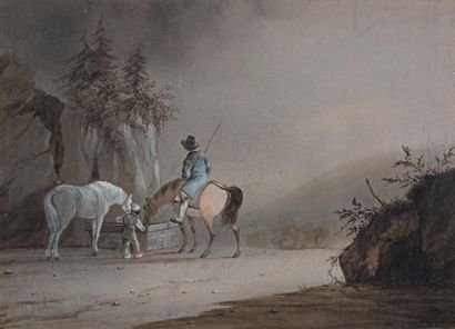 L. J. PINGRAY (Actif vers1831 - 1835) Biches sur une colline
Cavalier près d'une...