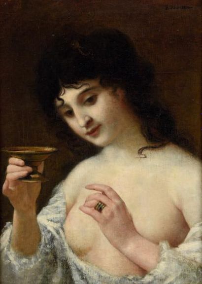 Emery DUCHESNE (Paris 1847 -?) Portrait de femme en Cléopâtre
Sur sa toile d'origine.
Signé...
