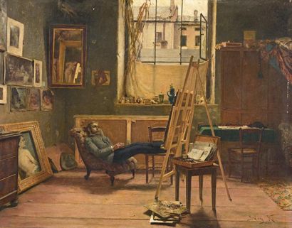 Kalman DERY (Bacs 1859 -? 1940) L'Atelier du peintre
Sur sa toile d'origine.
Signé...