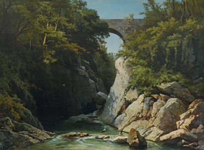 Charles NODE (1811-1886) Cigognes dans les gorges d'une rivière
Huile sur toile,...