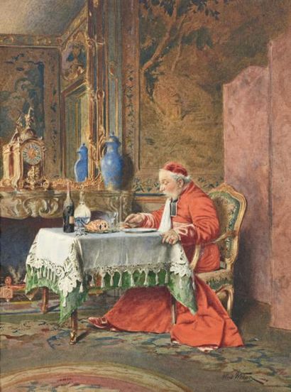 Alfred WEBER (1862-1922) Le déjeuner du Cardinal
Aquarelle sur papier, signée en...