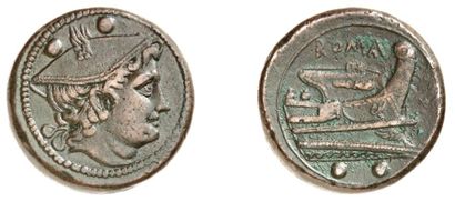 null RÉPUBLIQUE ROMAINE (217-215 av. J.C.). Sextans de bronze (système semi-libral)....
