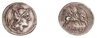 null ANONYME (211 av. J.C.). Quinaire d'argent. 2,27 g. Tête casquée de Rome à droite...