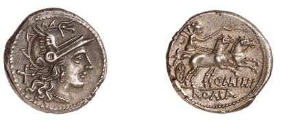 null MAIANIA (153 av. J.C.). Denier d'argent. 3,57 g. Tête casquée de Rome à droite....