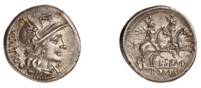 null SEMPRONIA (148 av. J.C.). Denier d'argent. 3,94 g.Tête casquée de Rome à droite....