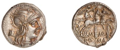 null MARCIA (134 av. J.C.). Denier d'argent. 3.94 g. Tête casquée de Rome à droite....