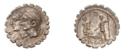 null SULPICIA (106 av. J.C.). Denier d'argent serratus (dentelé). 3,96 g. Têtes accolées...