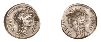 null MANLIA (82 av. J.C.). Denier d'argent incus. 3,85 g. Tête de Rome à droite coiffée...