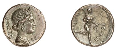 null PLAETORIA (74 av. J.C.). Denier d'argent. 3,55 g. MONETA. Buste de Junon Moneta...