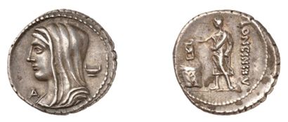 null CASSIA (vers 63 av. J.C.). Denier d'argent. 3,86 g. Tête voilée de Vesta à gauche....