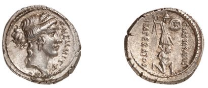 null MEMMIA (56 av. J.C.). Denier d'argent. 3,96 g. Tête de Cérès à droite couronnée...