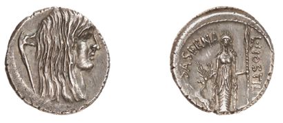 null HOSTILIA (48 av. J.C.). Denier d'argent. 3,73 g. Tête nue à droite de la Gaule...