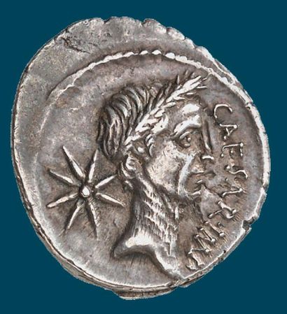 null JULES CÉSAR (mort 44 av. J.C.). Denier d'argent frappé en 44 av. J.C. par SEPULLIUS...