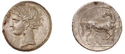 null CARTHAGE, IIème guerre punique (203-201 av. J.C.). Trihémishekel de billon (monnaie...
