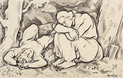 Maurice MENDJIZKY (Lodz 1890 - Saint Paul de Vence 1951) 
Couple endormi, 1949
Lavis...