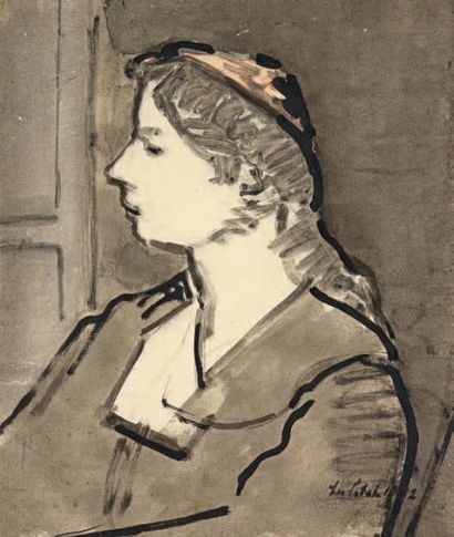 Ossip LUBITCH (Grodno 1896 - Paris 1990) 
Femme de profil
Aquarelle, encre et lavis...