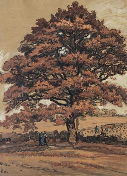 Jean PESKÉ (Gault 1870 - Le Mans 1949) 
Paysans à l'ombre d'un grand chêne
Aquarelle...