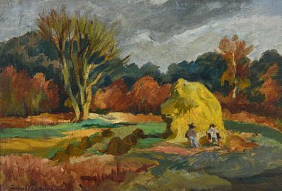 Jacques CHAPIRO (Daugavpils 1887 - Paris 1972) 
Paysage à la meule de foin
Huile...