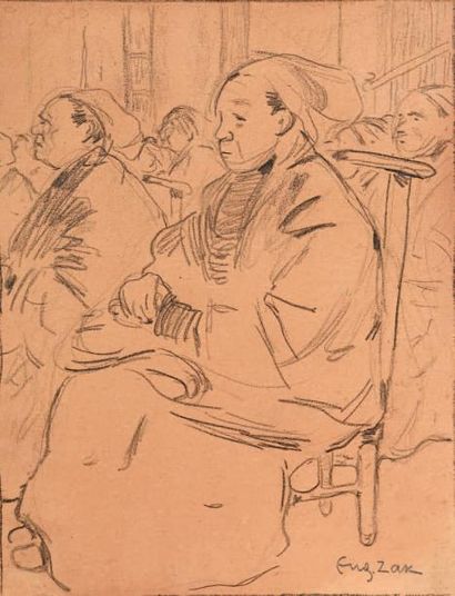Eugène ZAK (Mogilno 1884 - Paris 1926) 
Bretonnes à la messe
Fusain sur papier beige...