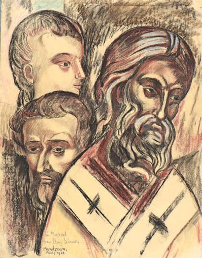 Simon MONDZAIN (Chelm 1890 - Paris 1979) 
Trois religieux
Crayons de couleurs sur...