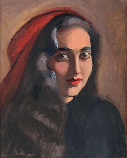 Henryk BERLEWI (Varsovie 1894 - Paris 1967) 
Portrait de femme au fichu rouge
Huile...