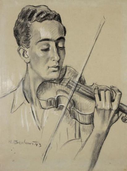 Henryk BERLEWI (Varsovie 1894 - Paris 1967) 
Violoniste
Fusain et craie blanche sur...