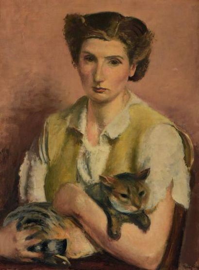 Henri HAYDEN (Varsovie 1883 - Paris 1970) 
Portrait de Josette avec le chat Roum,...