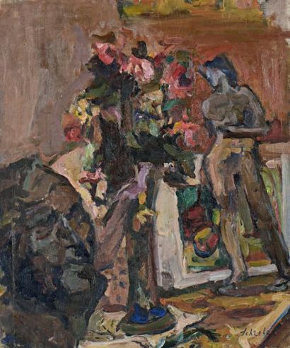 Zygmunt SCHRETER (Lodz 1896 - Paris 1977) 
Nu au bouquet de fleurs dans un intérieur
Huile...