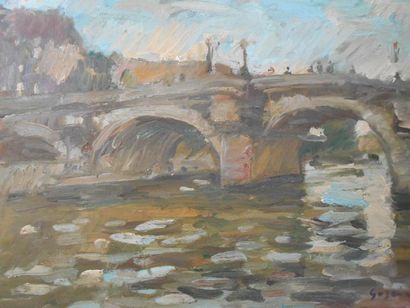 null Lot de tableaux :

-"Pont sur la Seine", huile sur toile signée en bas à droite...