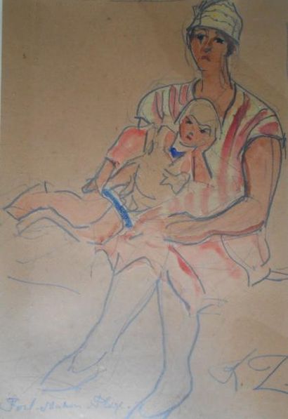 null Ecole moderne, vers 1930

"Femme et fillette à la plage",

Fusain et aquarelle,...