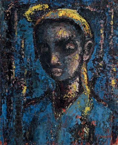 Gérard SEKOTO (1913-1993) 
Portrait bleu
Huile sur toile, signée en bas à droite.
60...