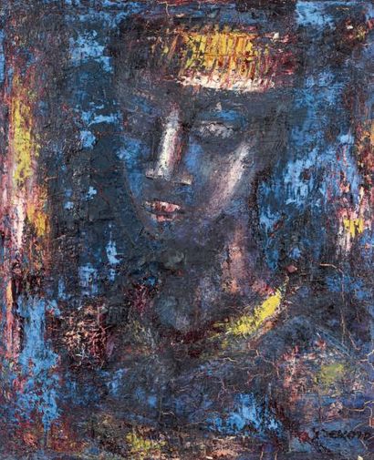 Gérard SEKOTO (1913-1993) 
Portrait bleu
Huile sur toile, signée en bas à droite.
65...