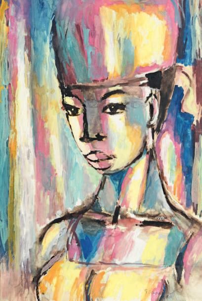 Gérard SEKOTO (1913-1993) 
Jeune femme en robe et turban
Gouache sur papier, signée...