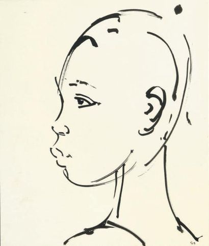 Gérard SEKOTO (1913-1993) 
Portrait de femme
Encre sur papier, monogrammé en bas...