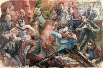Georges BOUISSET (1903-1965) 
Les peintres de la galerie de Cardonne
Gouache et encre...