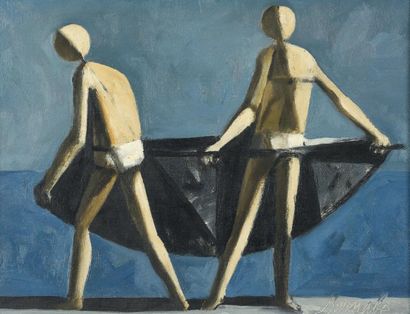 Duilio BARNABÉ (1914-1961) 
Pêcheurs sur la plage
Huile sur toile, signée en bas...