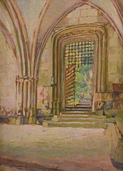 PAUL MADELINE (1863-1920) 
Entrée d'une église
Huile sur panneau, signée et datée...