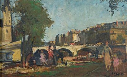 François GALL (1912-1987) 
Promenade devant le pont Saint Michel
Huile sur toile,...