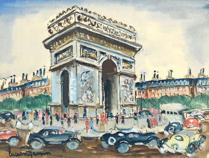 Lucien GENIN (1894-1953) 
Place de l'Étoile Aquarelle, signée en bas à gauche.
19...