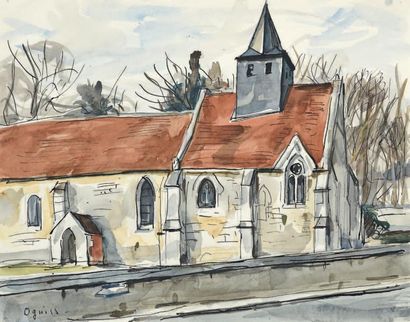 Takanori OGUISS (1901-1986) 
Église
Plume et aquarelle sur papier signée en bas à...