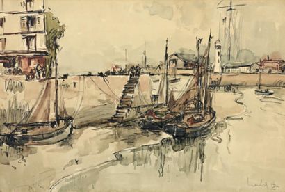 Fernand HERBO (1905-1995) 
Honfleur, Port à marée basse
Aquarelle, signée en bas...