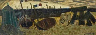 Claude VENARD (1913-1999) 
Barques sur la plage
Huile sur panneau, signée en bas...
