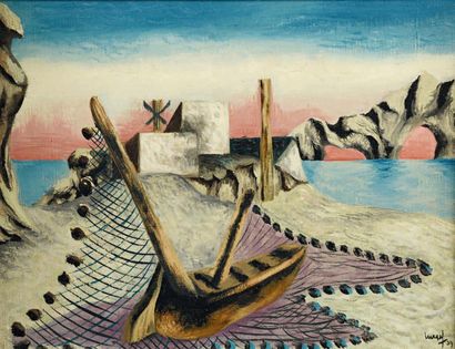 Jean LURÇAT (1892-1966) 
Composition surréaliste au filet de pêche
Huile sur toile...
