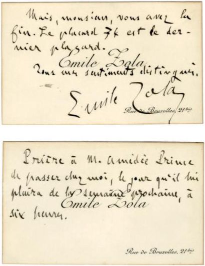 ZOLA Émile [Paris, 1840 - id., 1902], écrivain français Ensemble de deux cartes de...