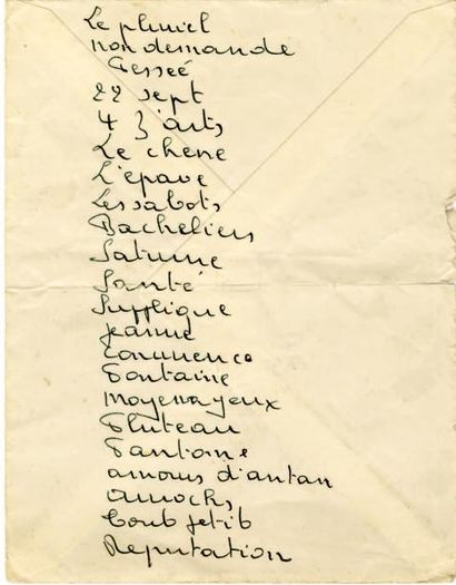 BRASSENS Georges Manuscrit autographe. 14,5 x 11 cm. Au dos d'une enveloppe. Liste...