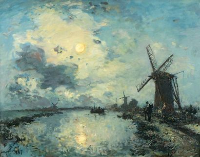 Johan-Barthold JONGKIND 
Paysage hollandais au clair de lune
Huile sur toile, datée...